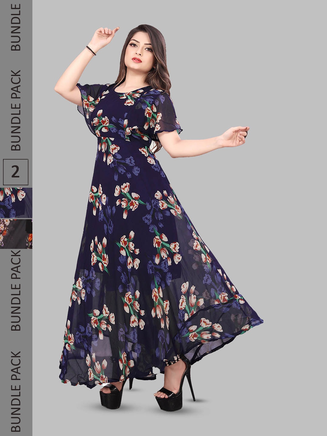 

N N ENTERPRISE Pack Of 2 Floral Printed Fit & Flare Maxi Dresses, Black