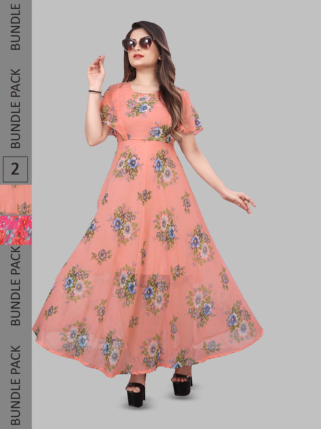 

N N ENTERPRISE Pack Of 2 Floral Printed Fit & Flare Maxi Dresses, Pink