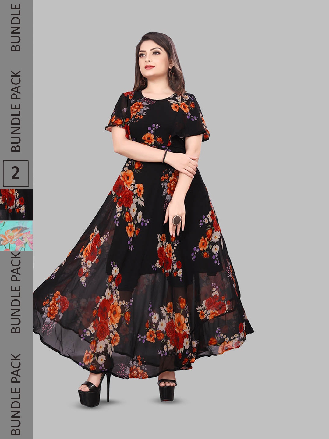 

N N ENTERPRISE Pack Of 2 Floral Printed Fit & Flare Maxi Dresses, Turquoise blue