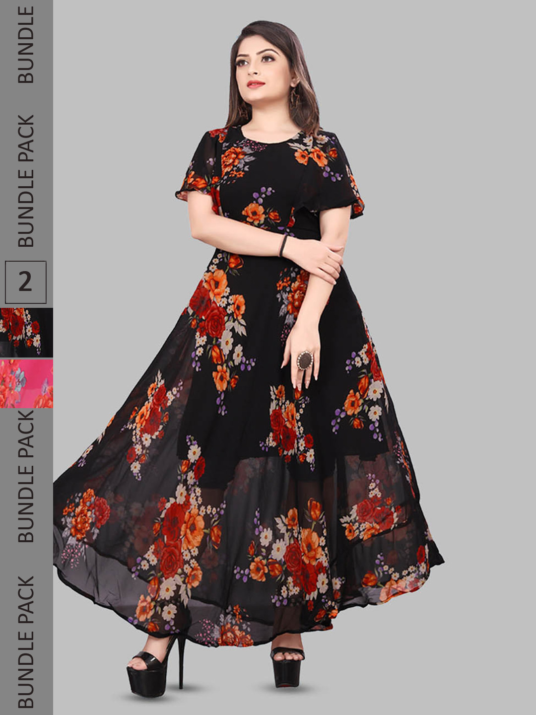 

N N ENTERPRISE Pack Of 2 Floral Printed Fit & Flare Maxi Ethnic Dress, Black
