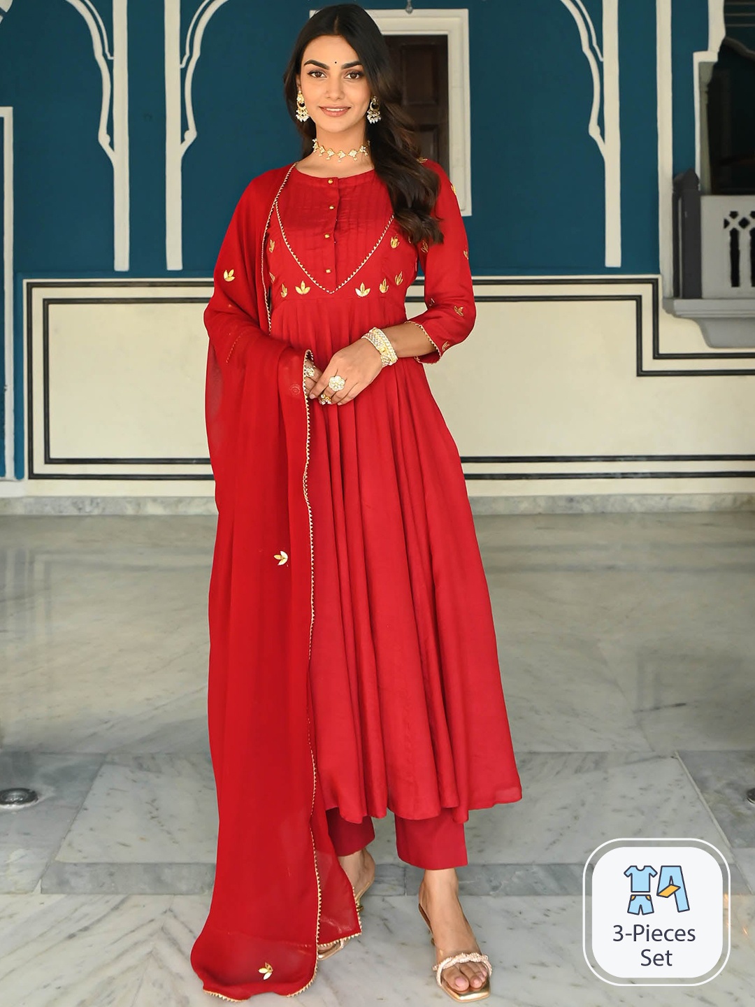 

Urbanstree Yoke Design Regular Beads and Stones Kurta With Trousers & Dupatta, Red