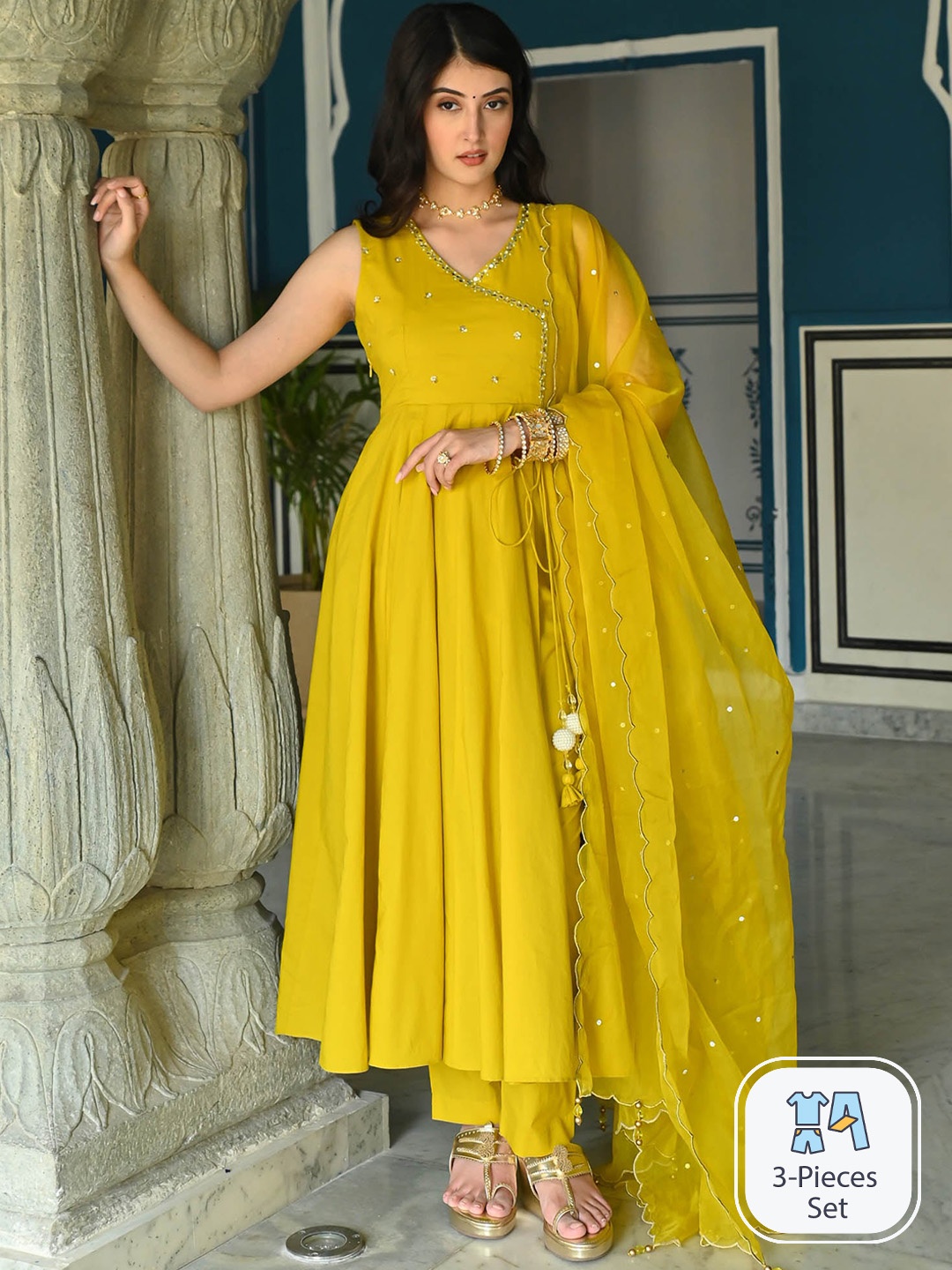 

Urbanstree Floral Embroidered Beads and Stones Pure Cotton Kurta With Trousers & Dupatta, Yellow