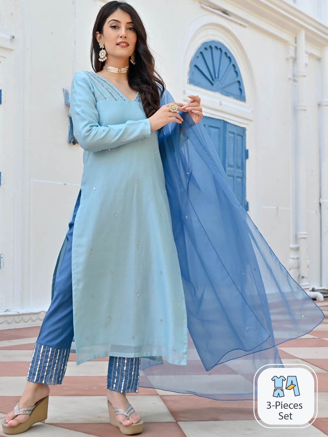 

Urbanstree Women Embellished Chanderi Silk Kurta with Trousers & Dupatta, Blue
