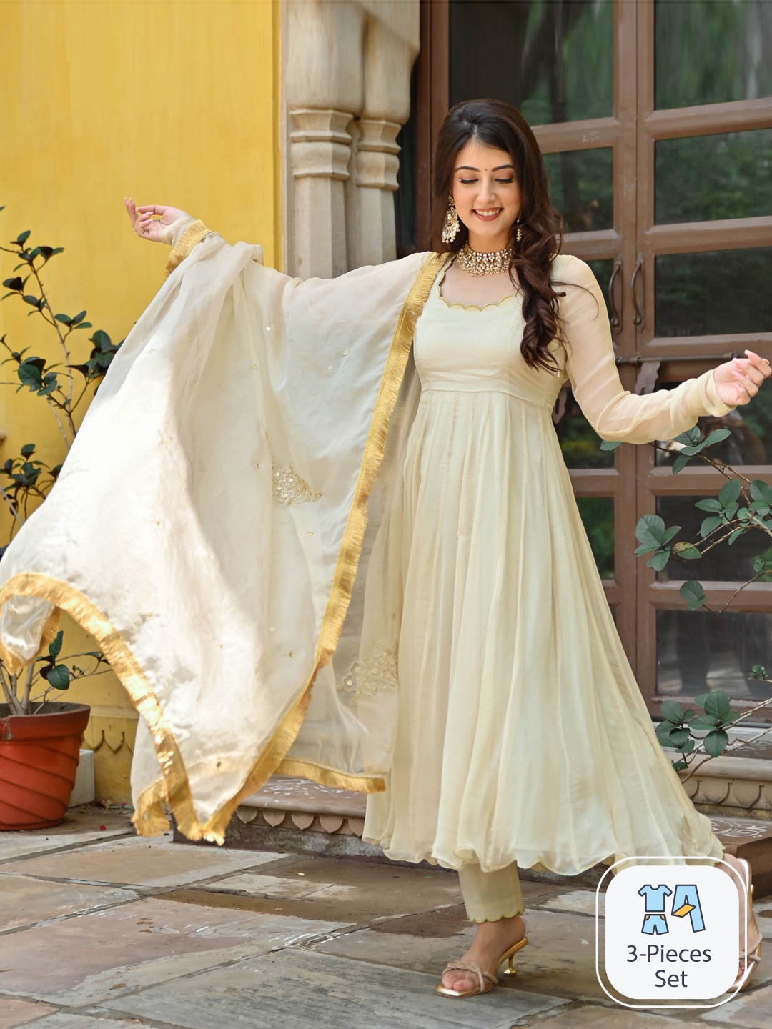 

Urbanstree Regular Beads and Stones Kurta & Trousers With Dupatta, Gold