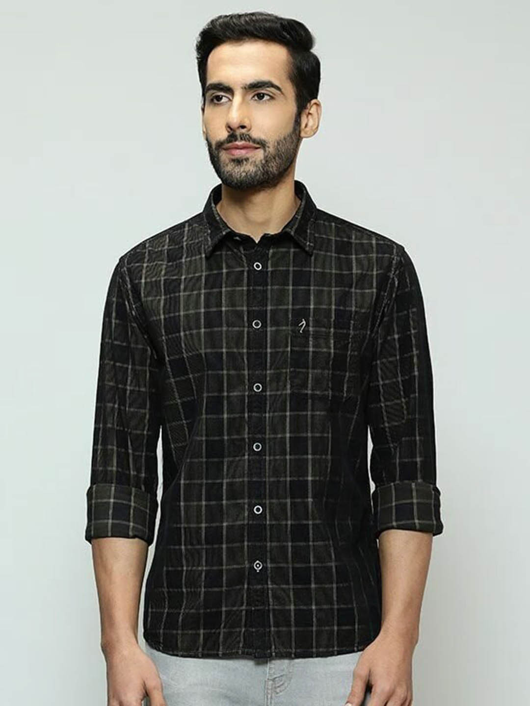 

Indian Terrain Chiseled Windowpane Checks Slim Fit Opaque Pure Cotton Casual Shirt, Black