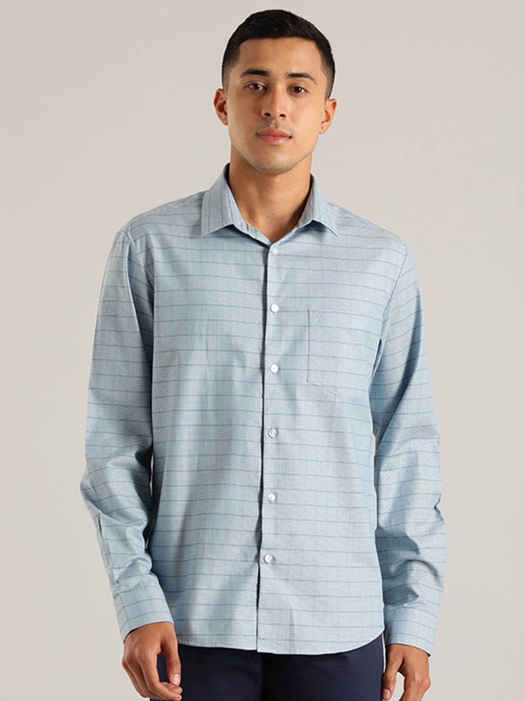 

Indian Terrain Classic Horizontal Stripes Opaque Pure Cotton Casual Shirt, Blue