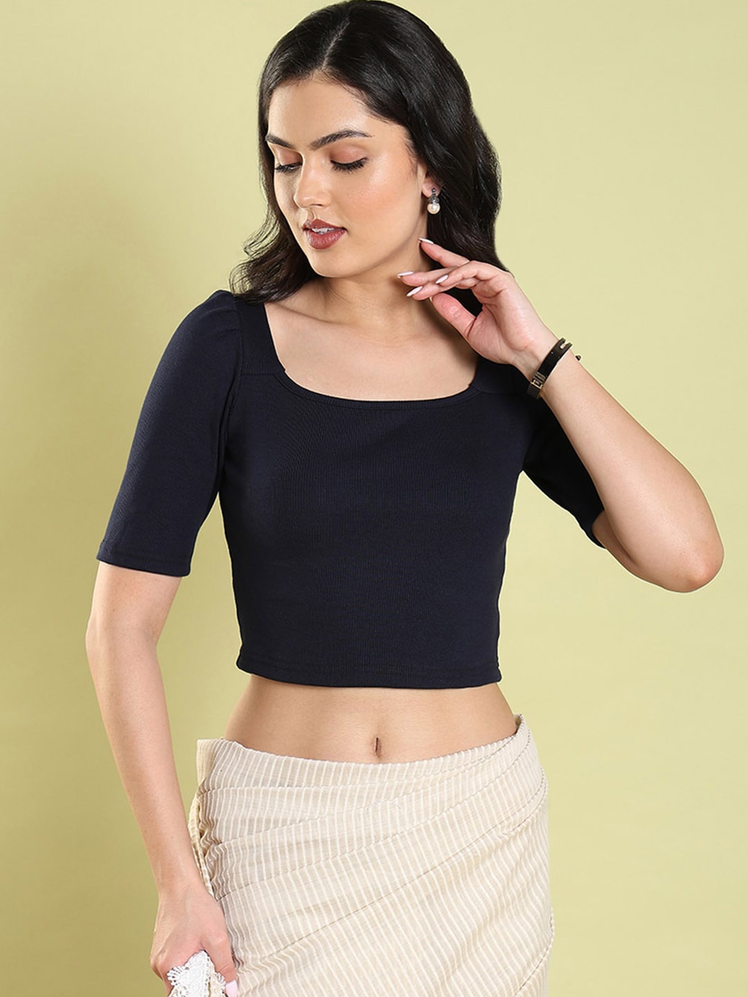 

SALWAR STUDIO Lycra Saree Blouse, Navy blue