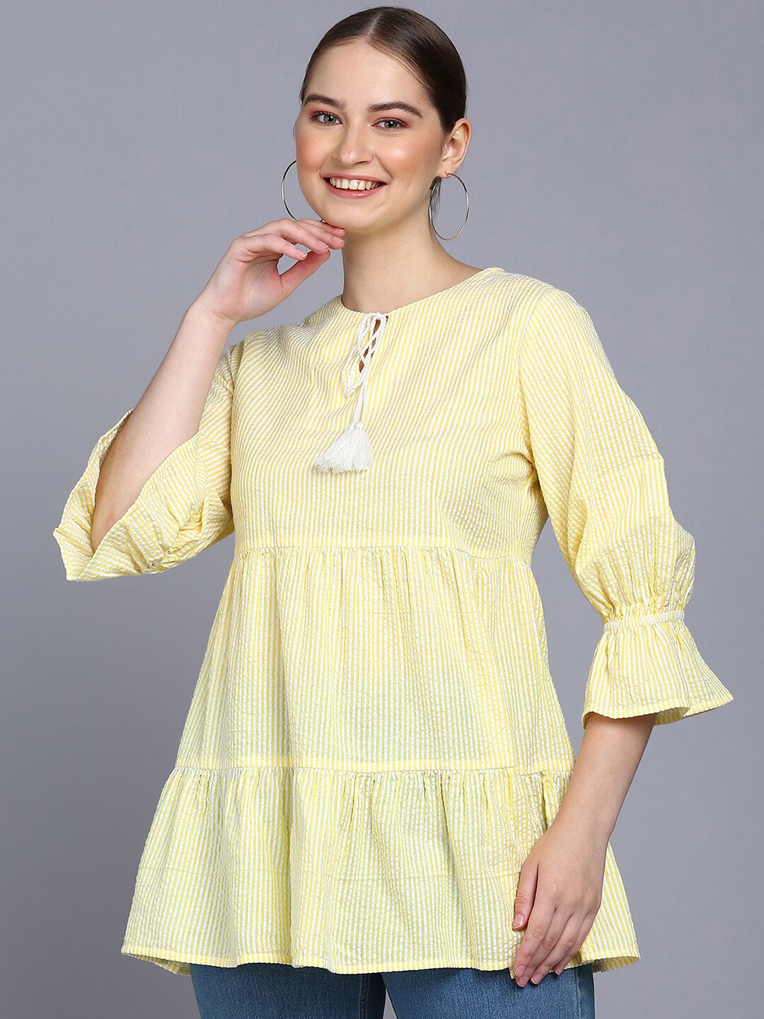 

Mast & Harbour Yellow & White Vertical Striped Tie-Up Neck Pure Cotton A-Line Top