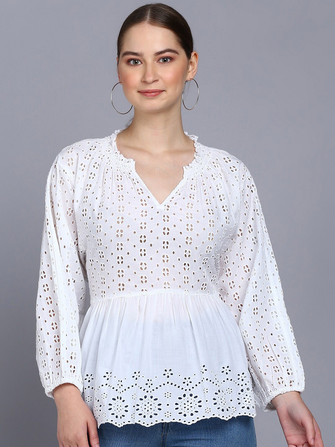 

Mast & Harbour White Self Design Mandarin Collar Pure Cotton Schiffli Top