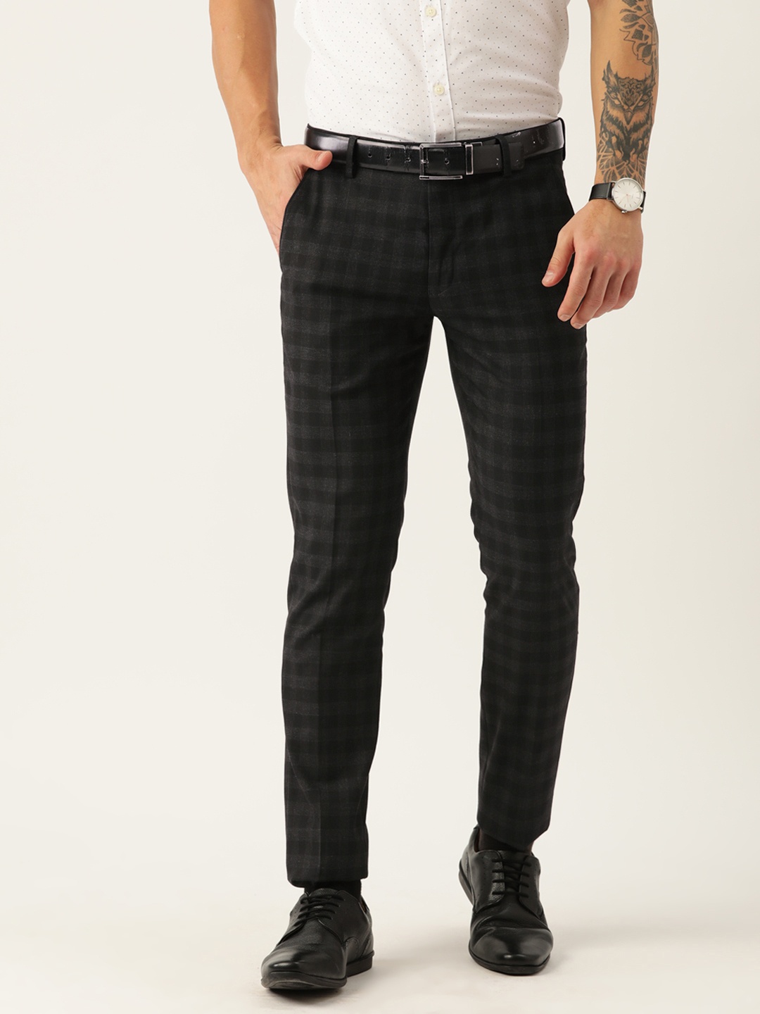 

Peter England Men Checked Ultra Slim Fit Formal Trousers, Black