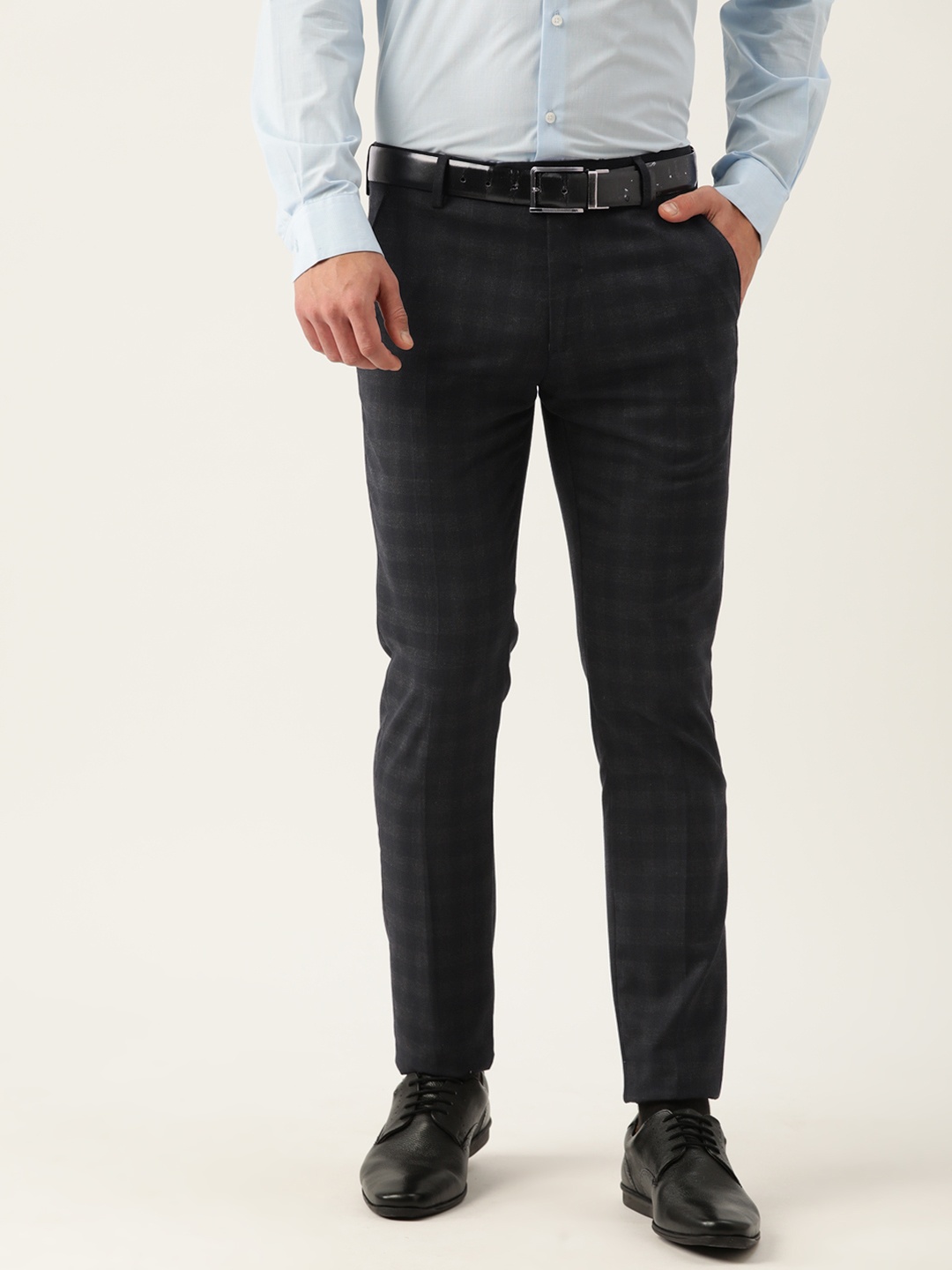 

Peter England Men Checked Slim Fit Formal Trousers, Navy blue