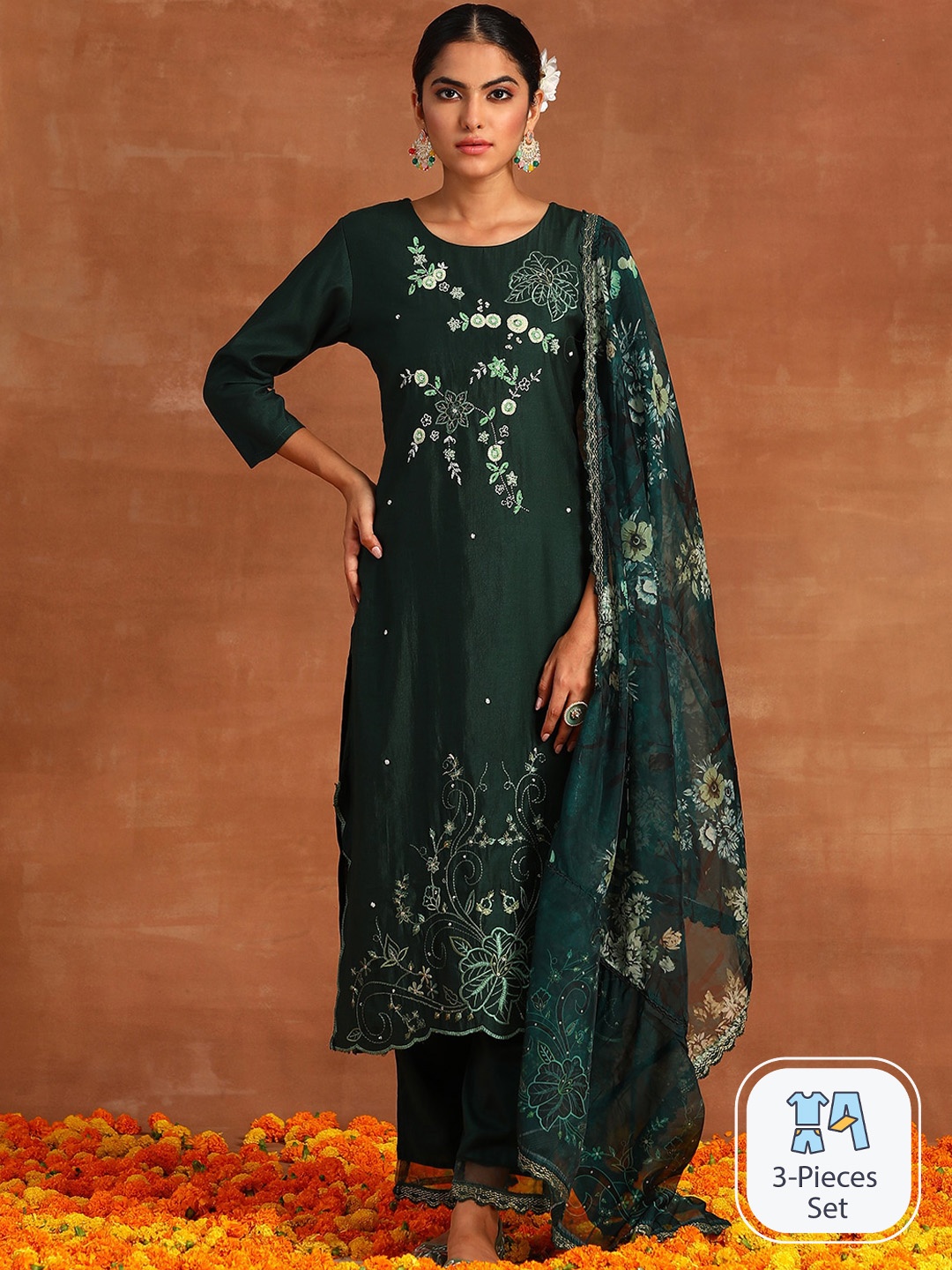 

Indo Era Floral Embroidered Thread Work Kurta with Trousers & With Dupatta, Green