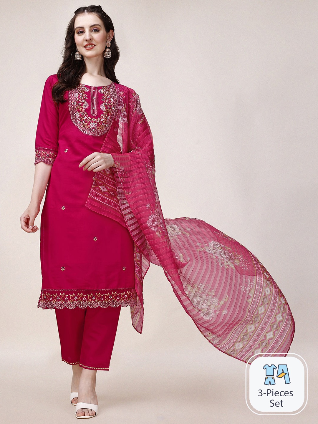 

Berrylicious Floral Embroidered Chanderi Cotton Straight Kurta & Trousers With Dupatta, Pink