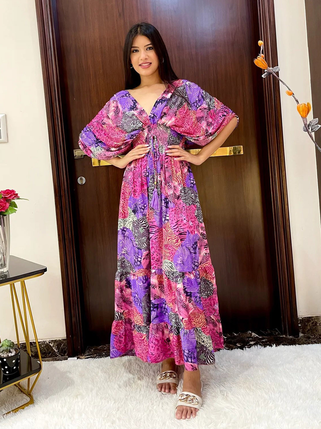 

smisingbee Floral Printed Smocked Tiered Kimono Sleeves Maxi Dress, Purple