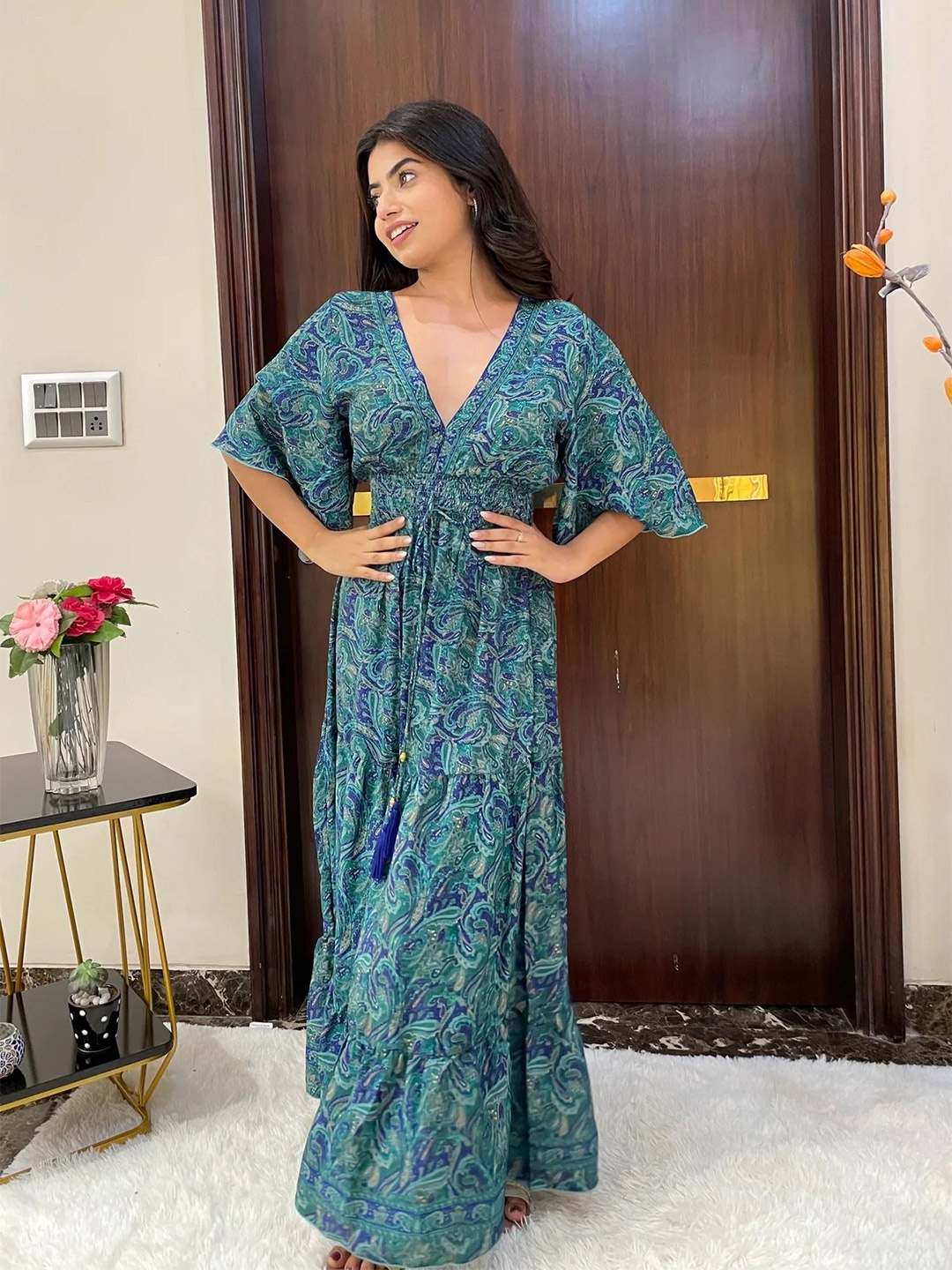 

smisingbee Floral Printed Flared Sleeves Smocked Tiered Maxi Dress, Blue
