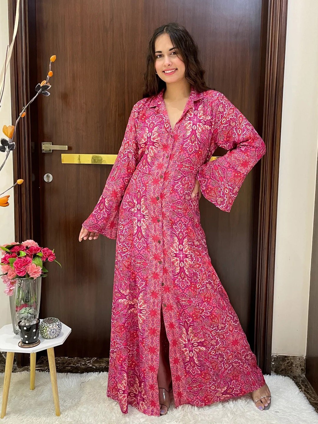 

smisingbee Floral Printed Bell Sleeves Shirt Maxi Dress, Pink