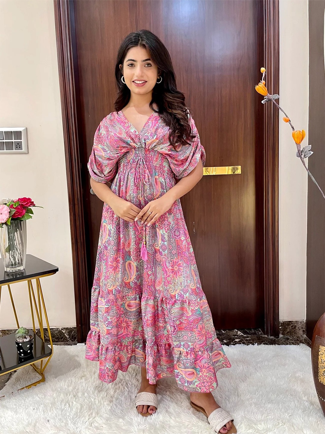 

smisingbee Floral Printed Smocked Tiered Kimono Sleeves Maxi Dress, Pink