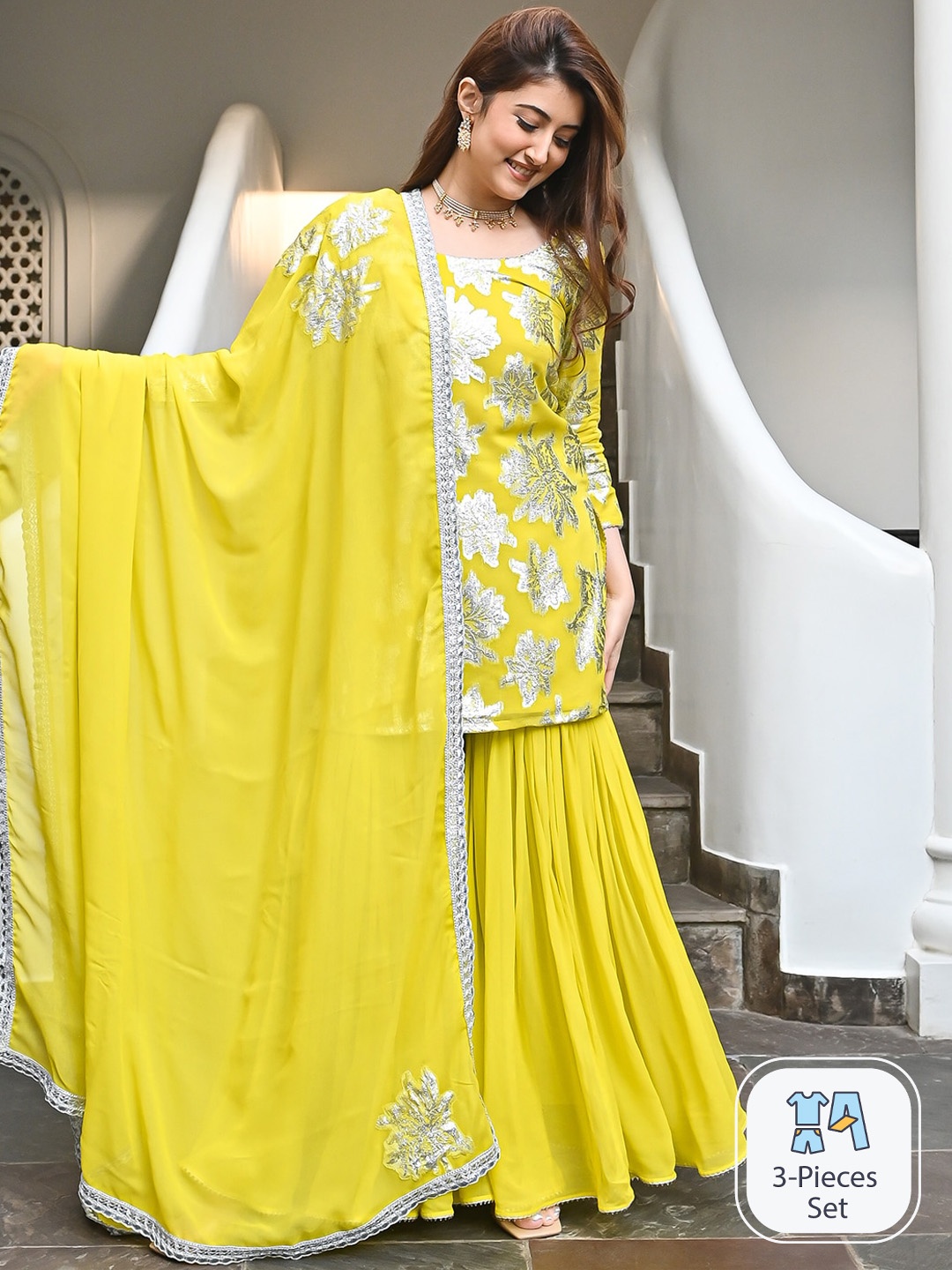 

Urbanstree Women Ethnic Motifs Embroidered Regular Kurti with Sharara & Dupatta, Yellow