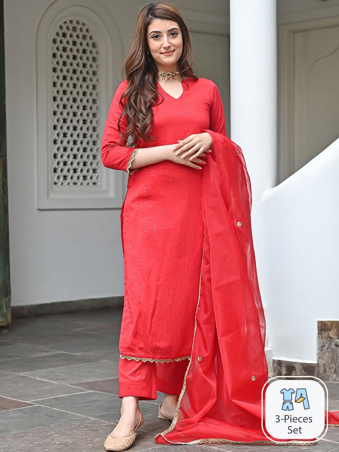 

Urbanstree Embroidered Regular Sequinned Pure Silk Kurta & Trousers With Dupatta, Red