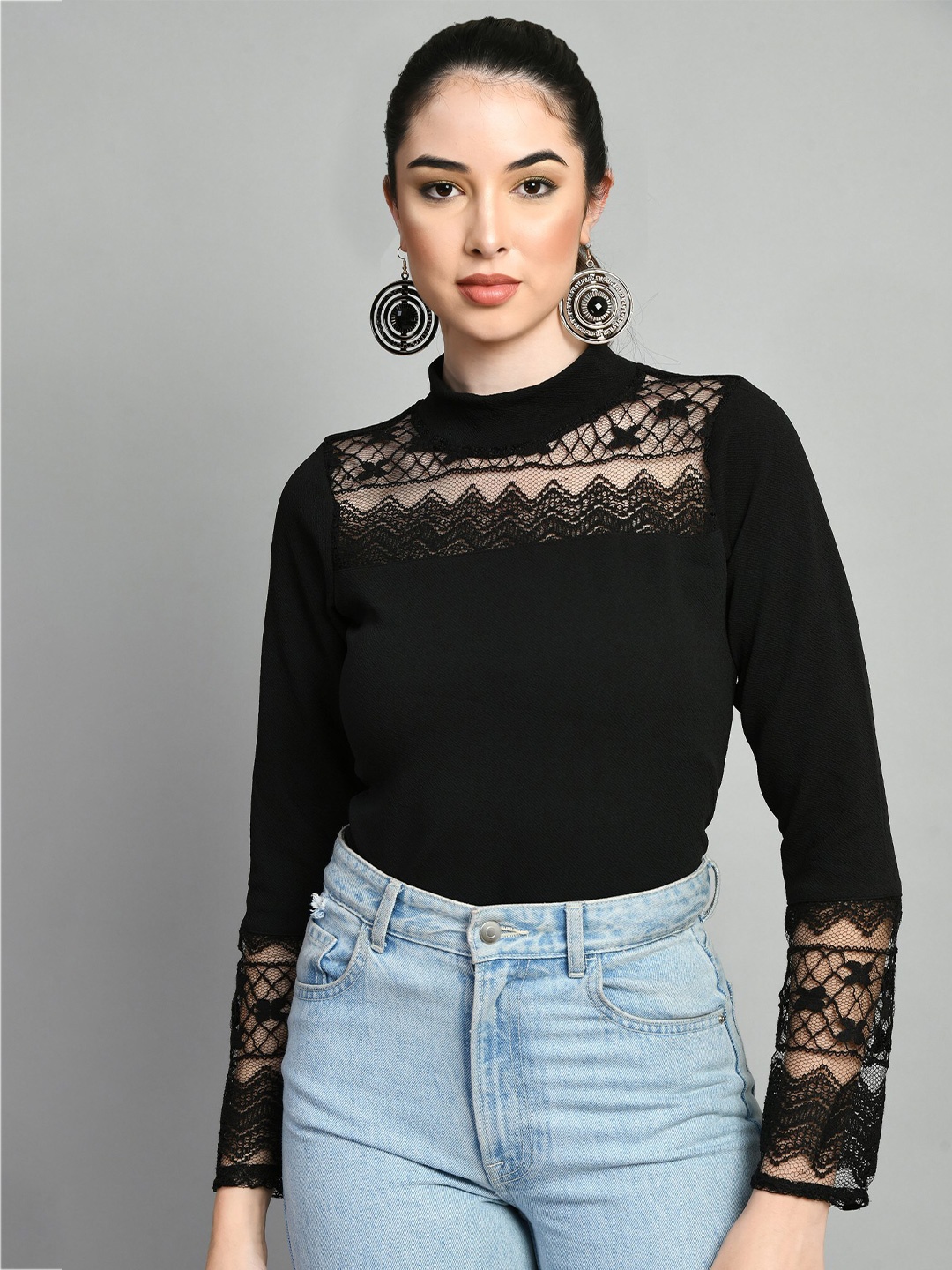 

Moshe Self Design High Neck Lace Inserts Regular Top, Black