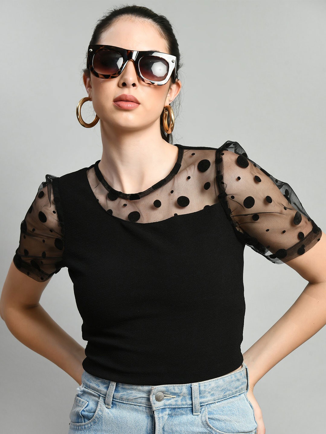 

Moshe Round Neck Puff Sleeves Top, Black