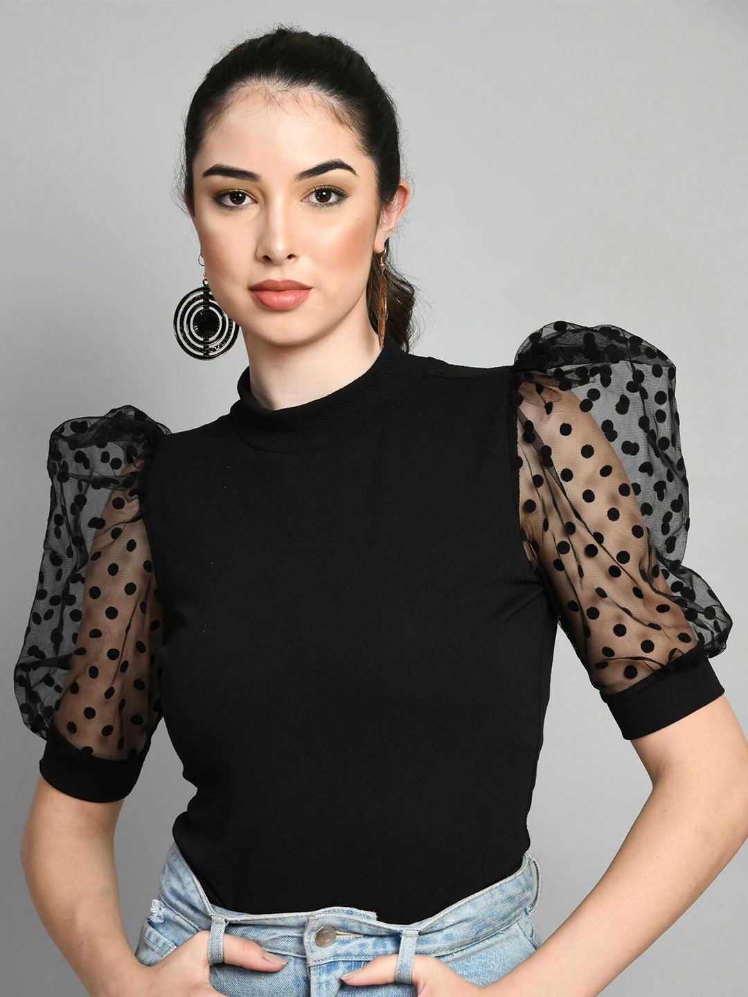 

Moshe High Neck Puff Sleeves Top, Black