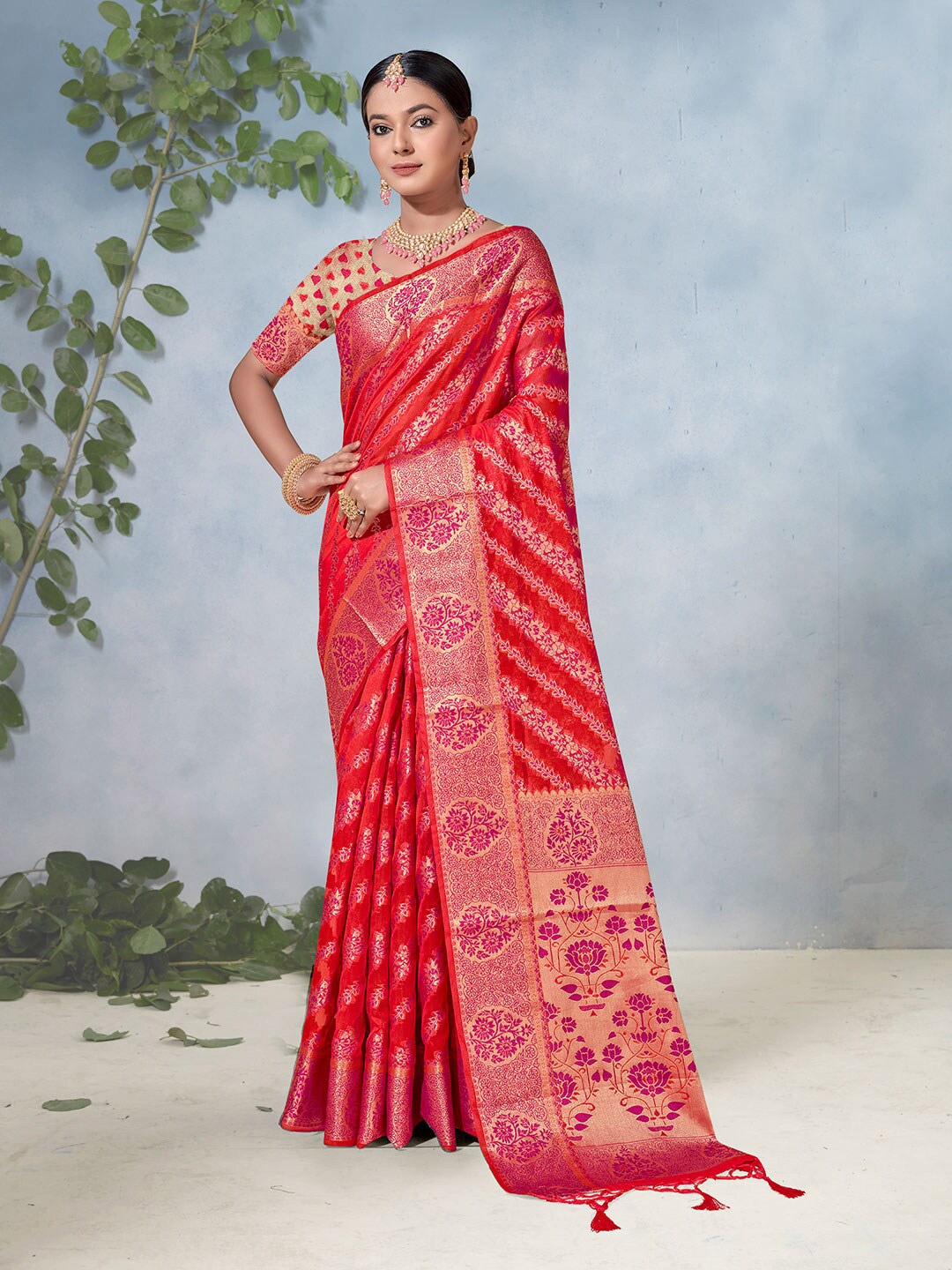 

Anouk Ethnic Motifs Woven Design Zari Organza Saree, Red
