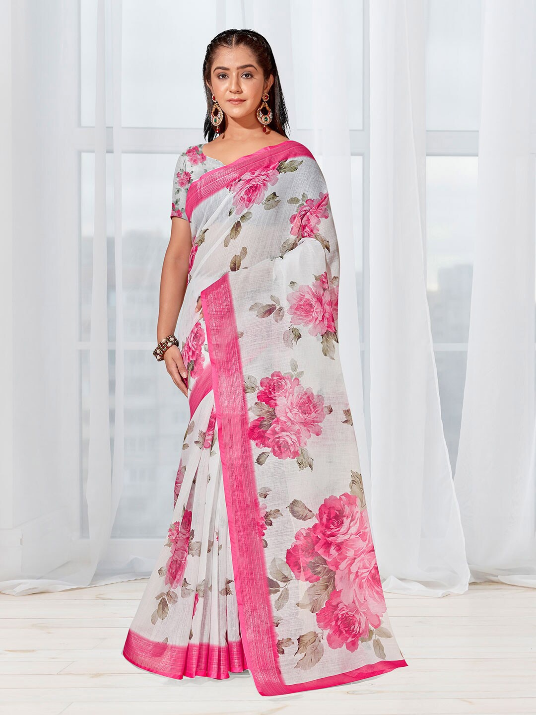 

Anouk Floral Printed Linen Blend Saree, Pink