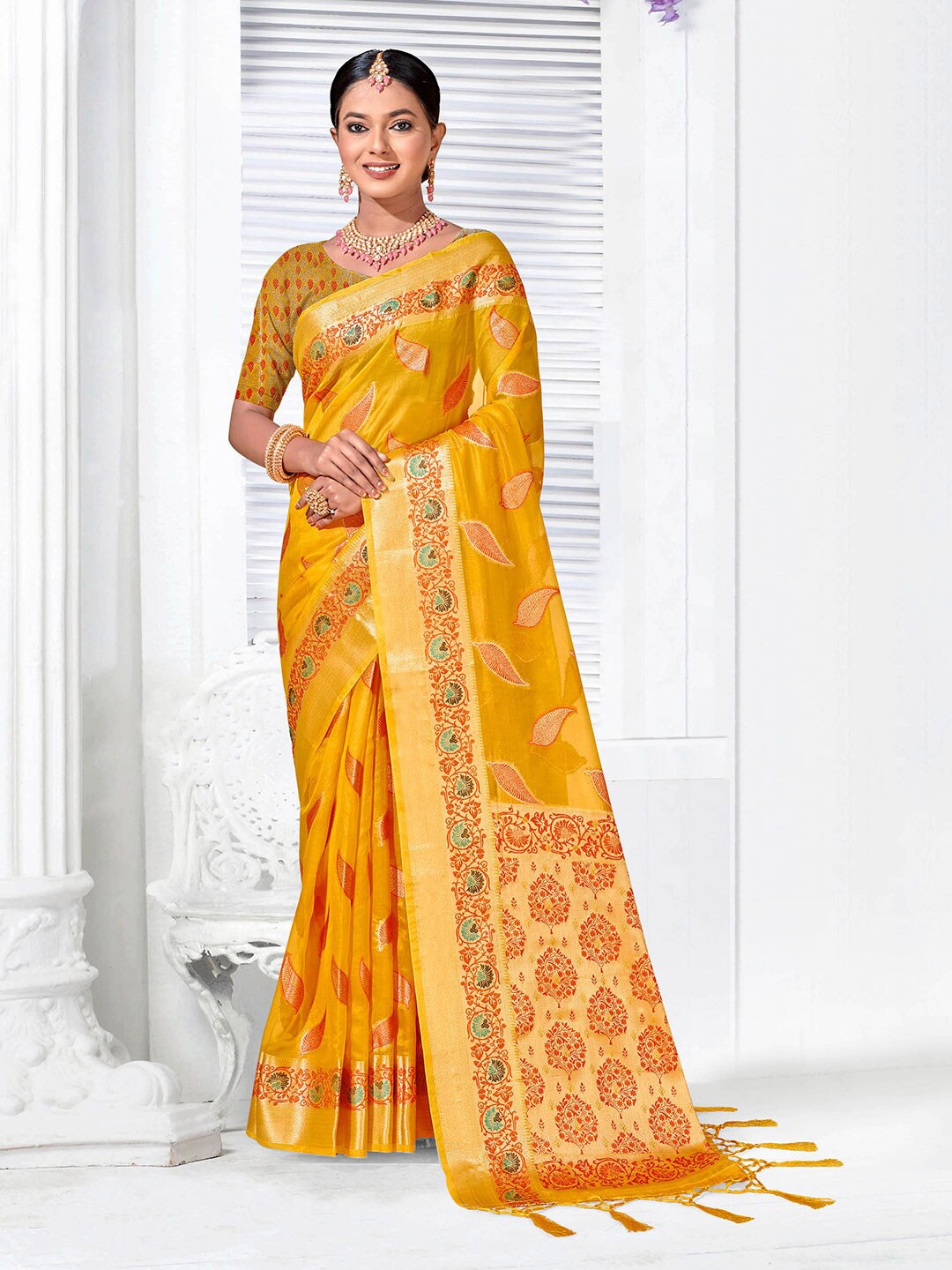 

Anouk Ethnic Motifs Woven Design Zari Organza Saree, Yellow