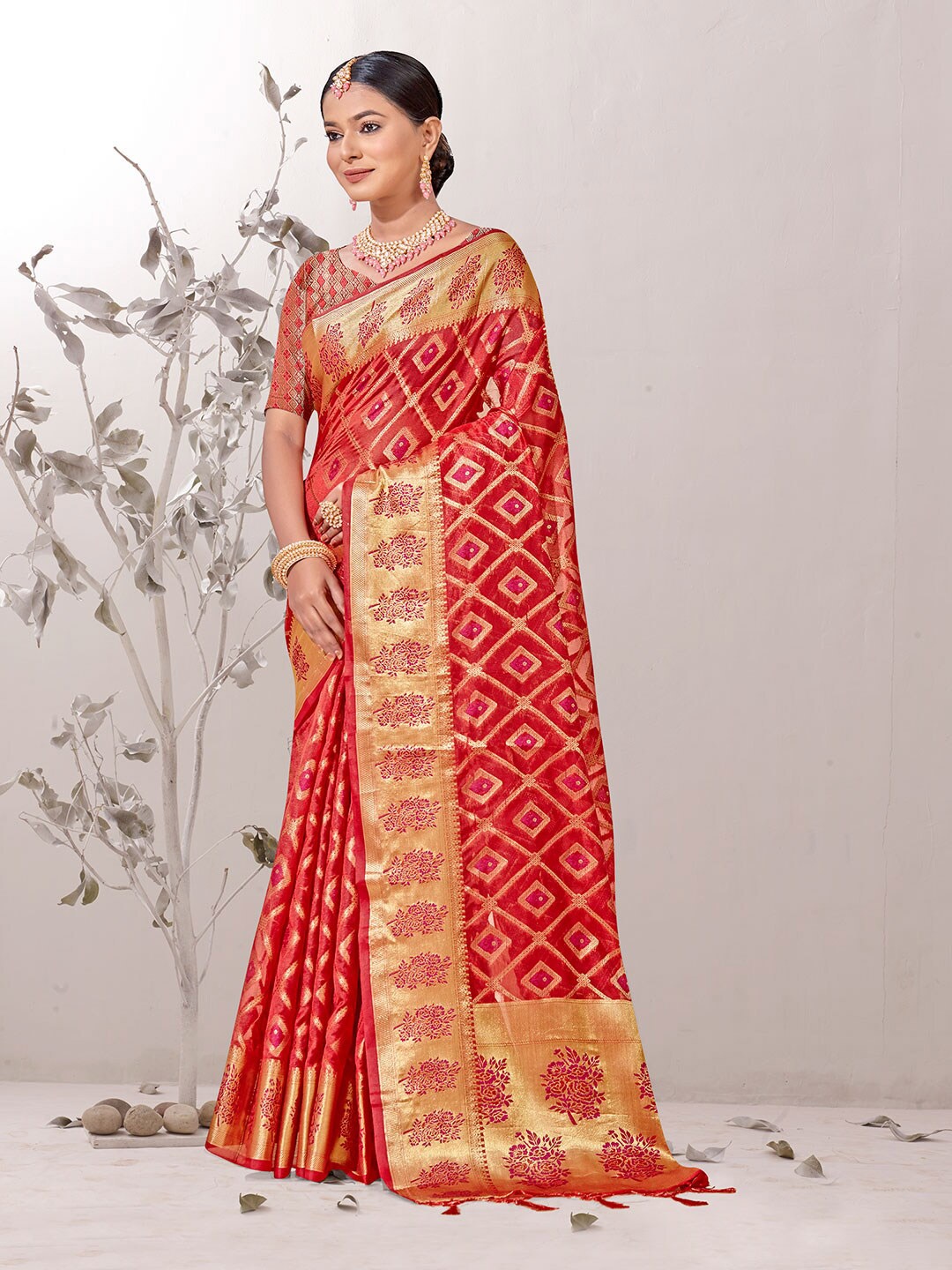 

Anouk Red Geometric Woven Design Zari Organza Saree