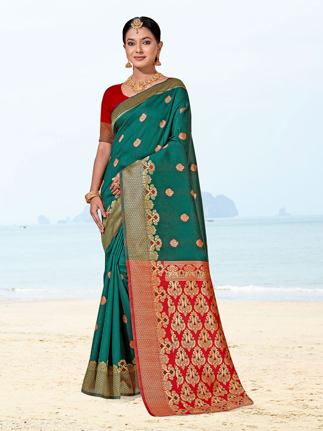 

Anouk Ethnic Motifs Woven Design Zari Saree, Green