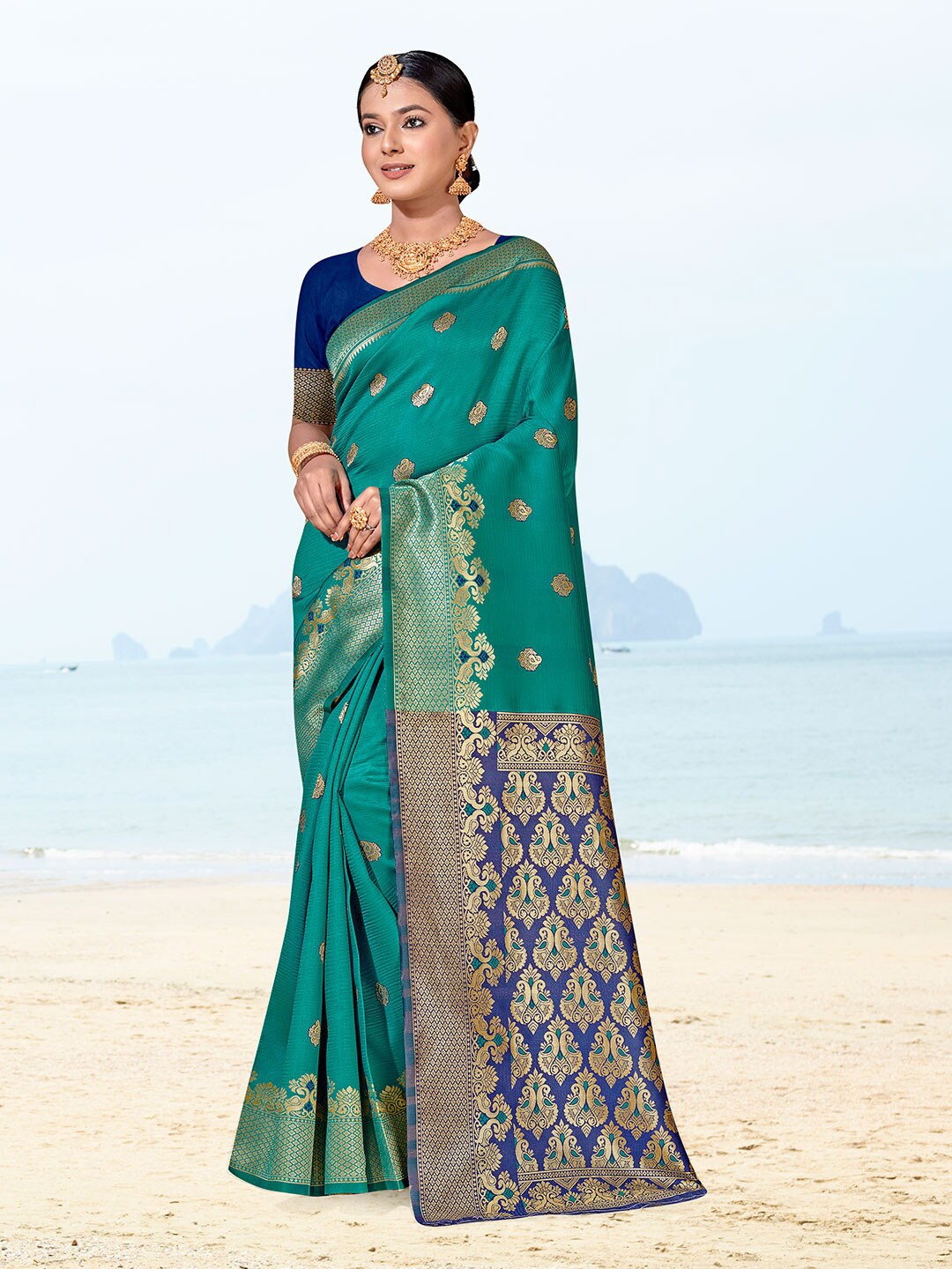 

Anouk Ethnic Motifs Woven Design Zari Saree, Turquoise blue