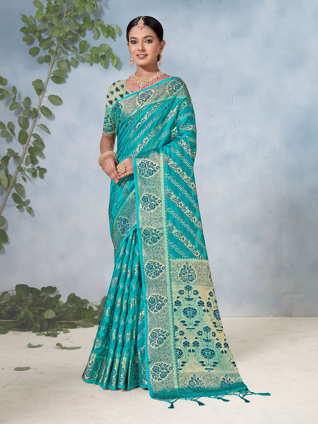 

Anouk Ethnic Motifs Woven Design Zari Detailed Organza Saree, Turquoise blue