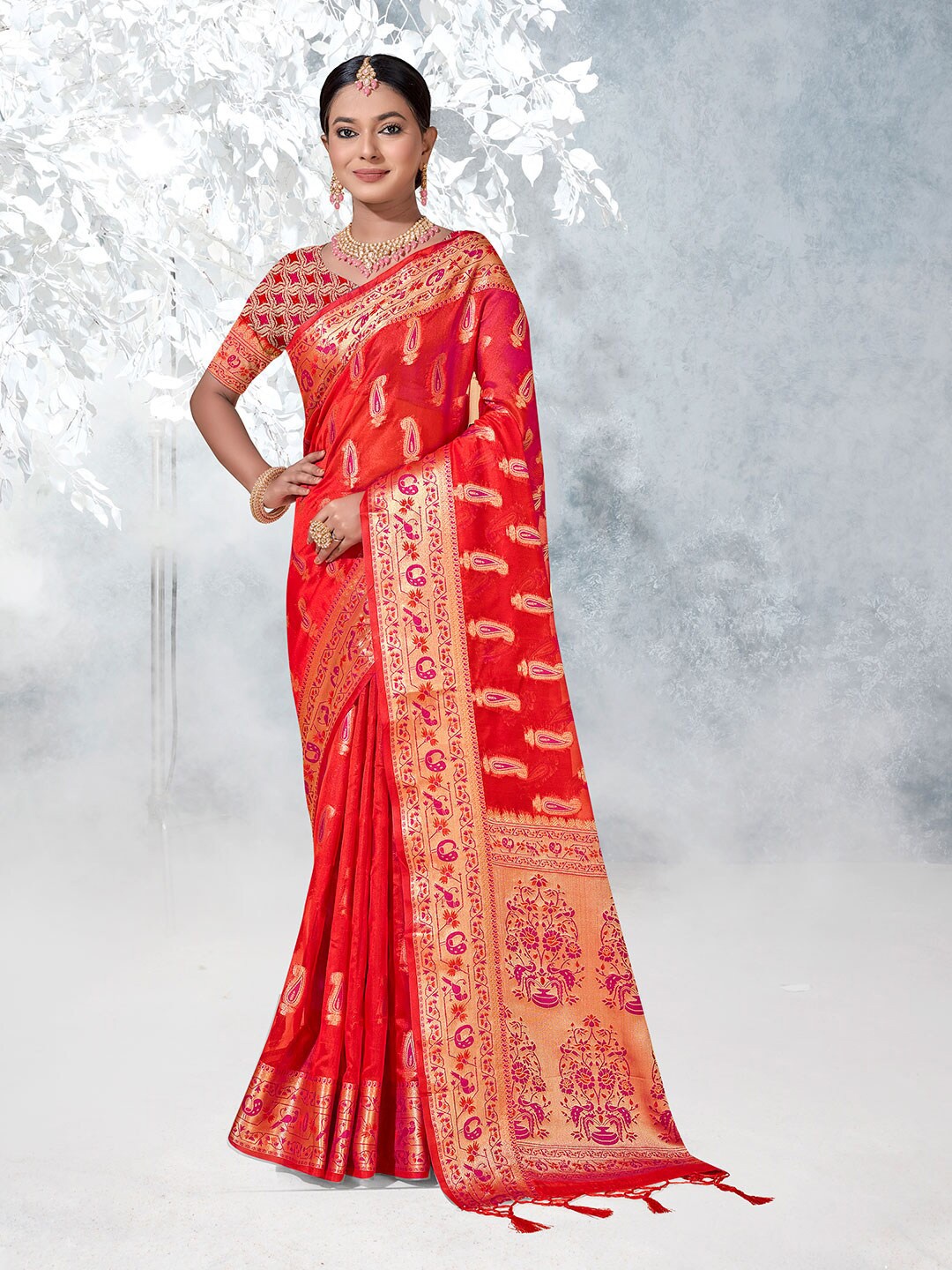 

Anouk Ethnic Motifs Woven Design Zari Detailed Organza Saree, Red