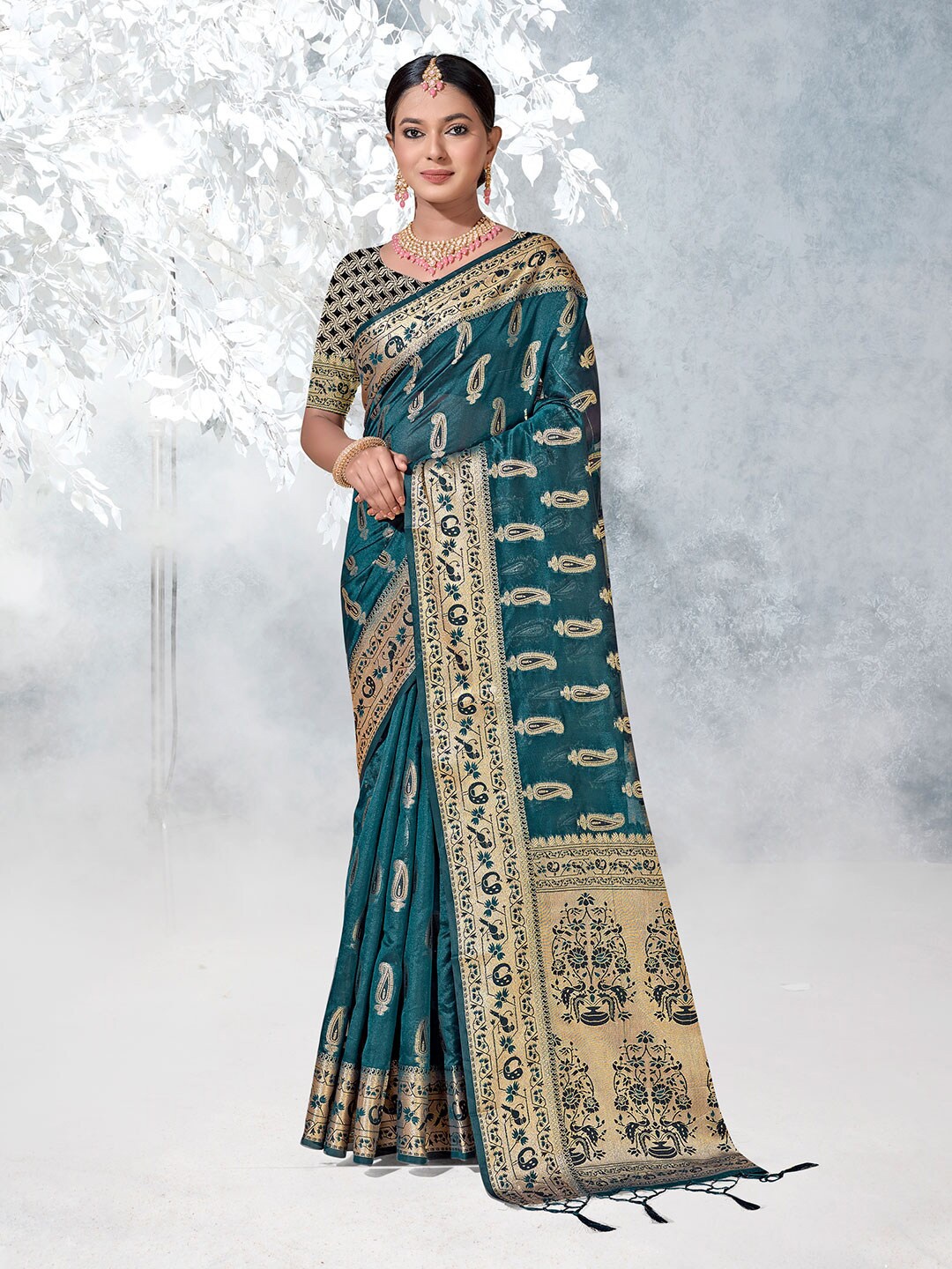 

Anouk Ethnic Motifs Woven Design Zari Detailed Organza Saree, Navy blue