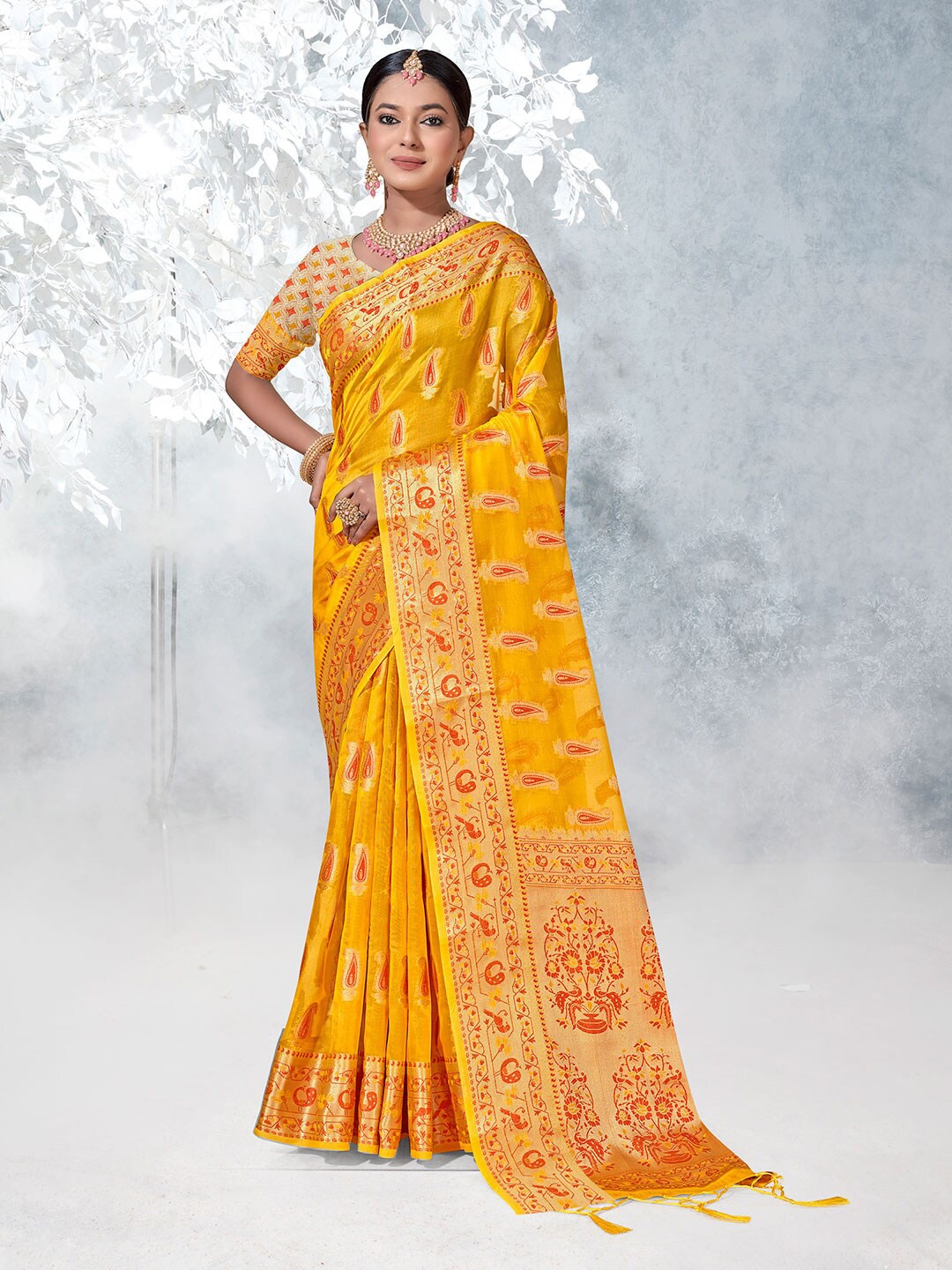 

Anouk Ethnic Motifs Woven Design Zari Detailed Organza Saree, Yellow