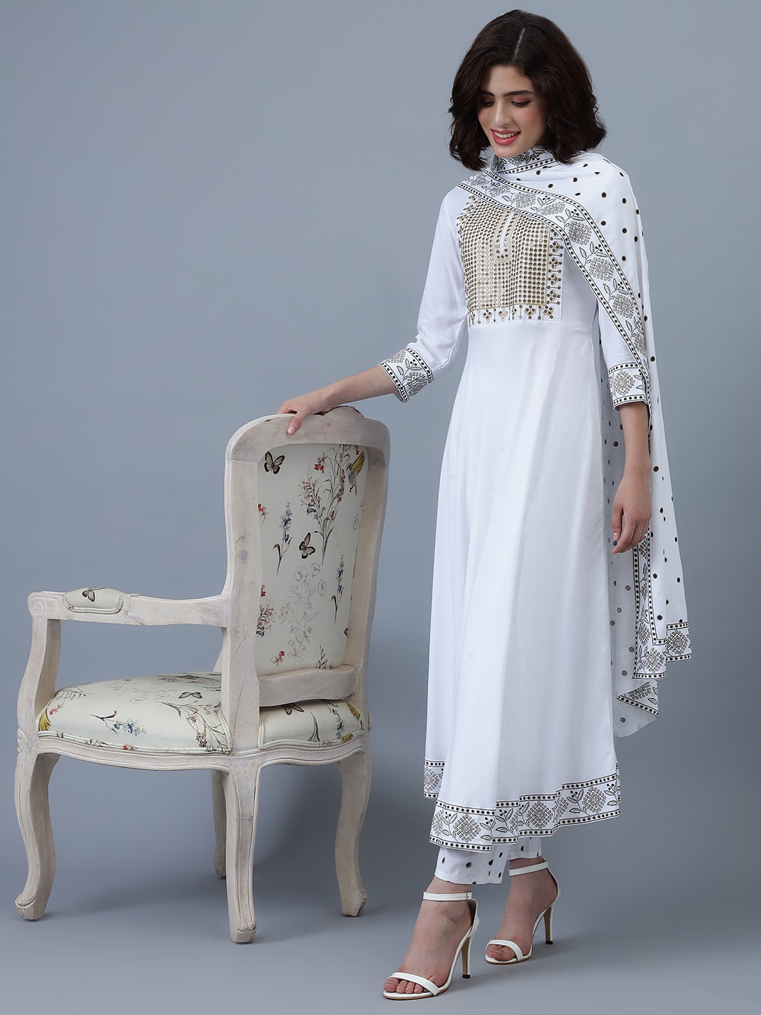 

Khushal K Yoke Design Sequinned Anarkali Kurta with Trousers & Dupatta, White