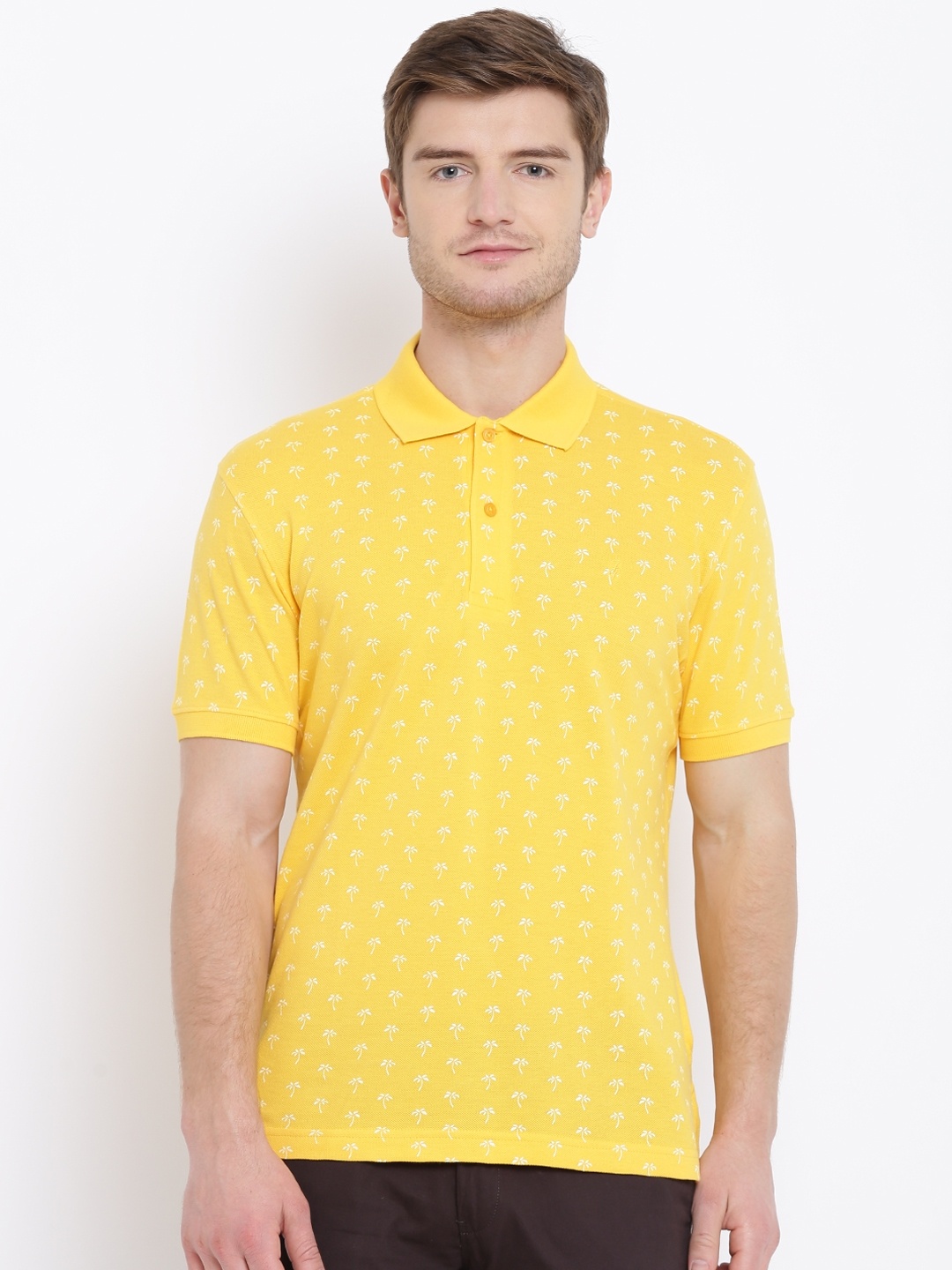 

John Players Men Yellow Tropical Print Polo Collar T-shirt
