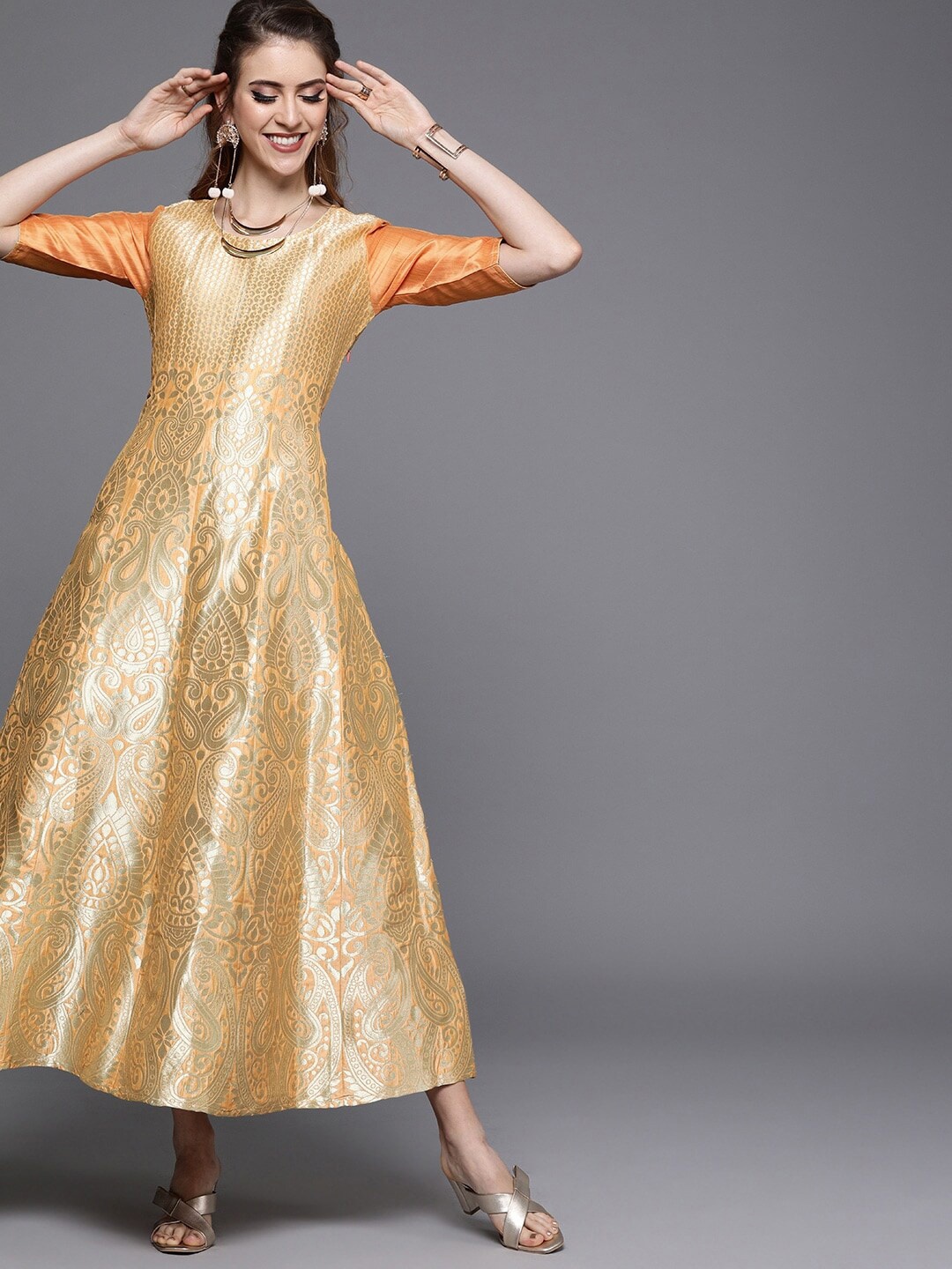 

AKS Couture Ethnic Motifs Self Design Jacquard Maxi Dress, Peach