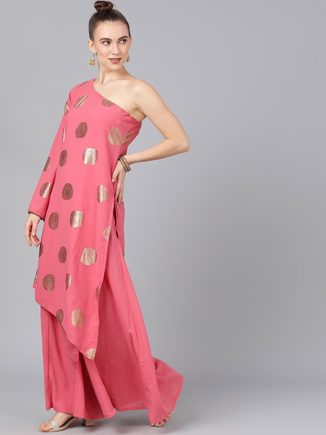 

AKS Couture Ethnic Motifs Printed One Shoulder High Slit Kurta With Palazzos, Pink