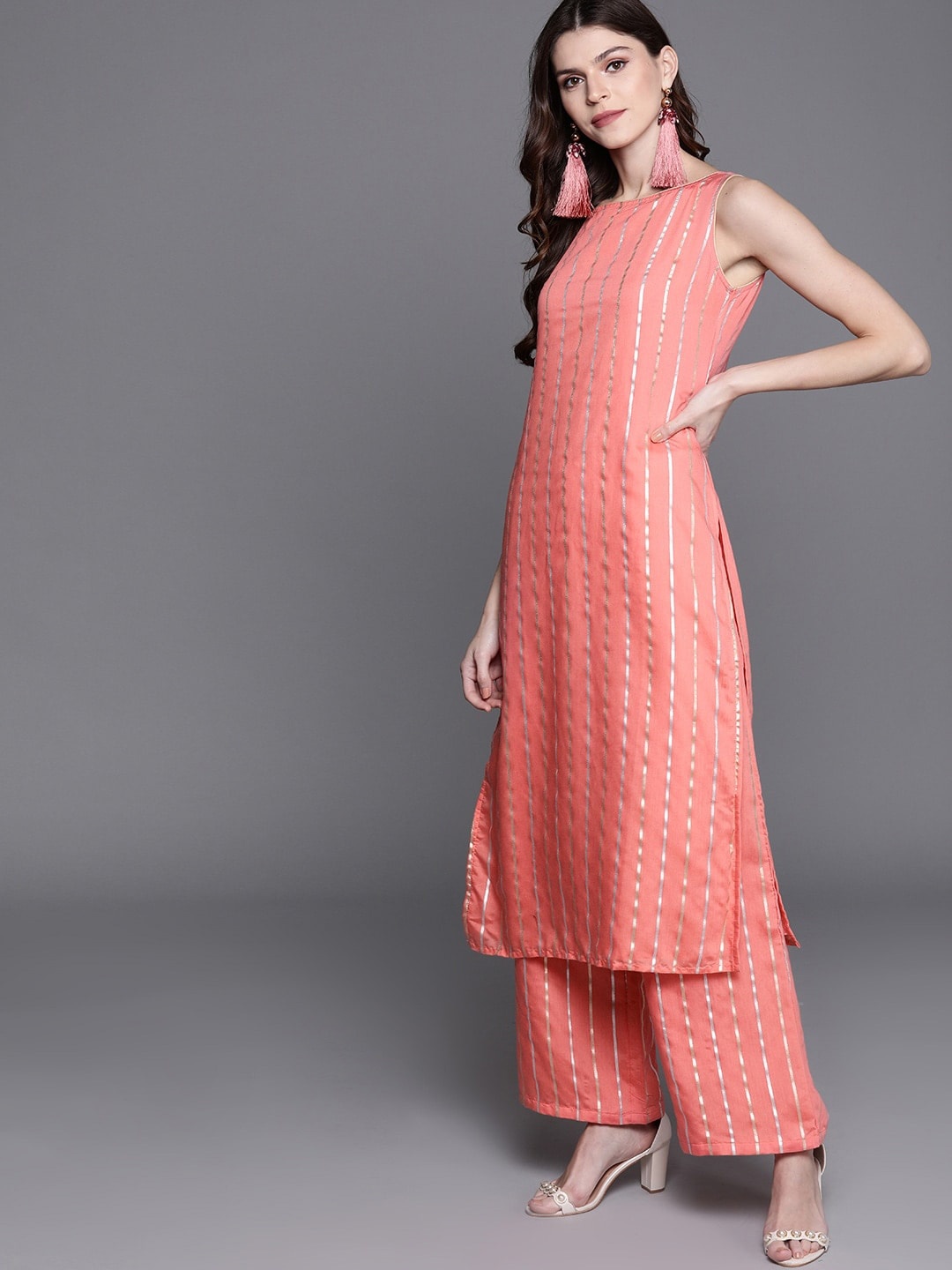 

AKS Couture Striped Zari Straight Kurta With Palazzos, Peach