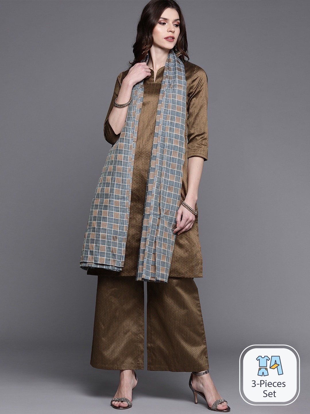 

AKS Couture Floral Woven Design Straight Kurta With Palazzos & Dupatta, Brown