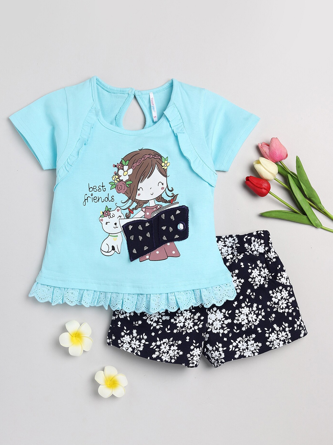 Toonyport Girls Printed Top with Shorts, Blue