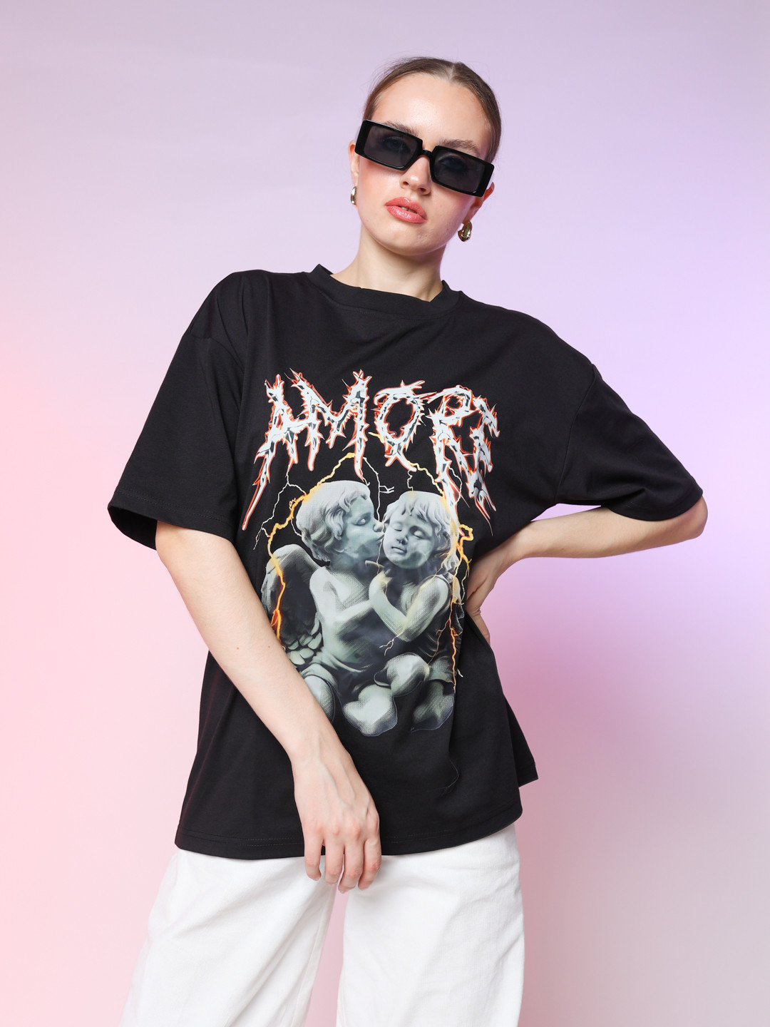 

Stylecast X Hersheinbox Pure Cotton Relaxed Fit Printed Drop-Shoulder T-shirt, Black