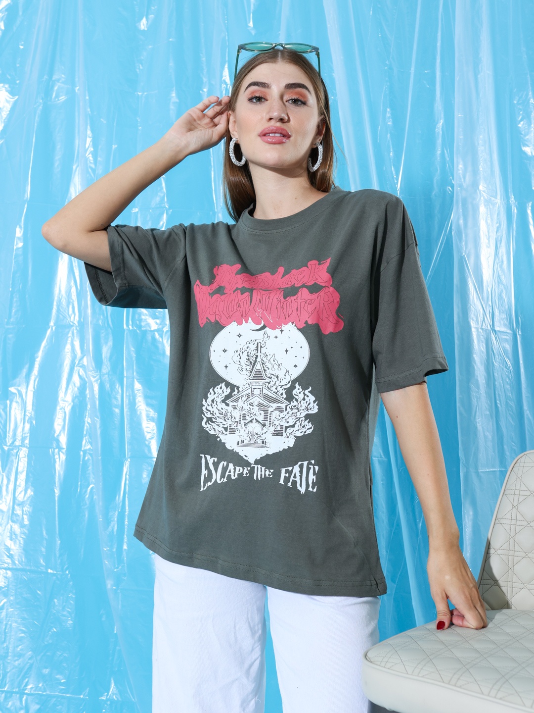 

Stylecast X Hersheinbox Women Typography Printed Pure Cotton T-shirt, Olive