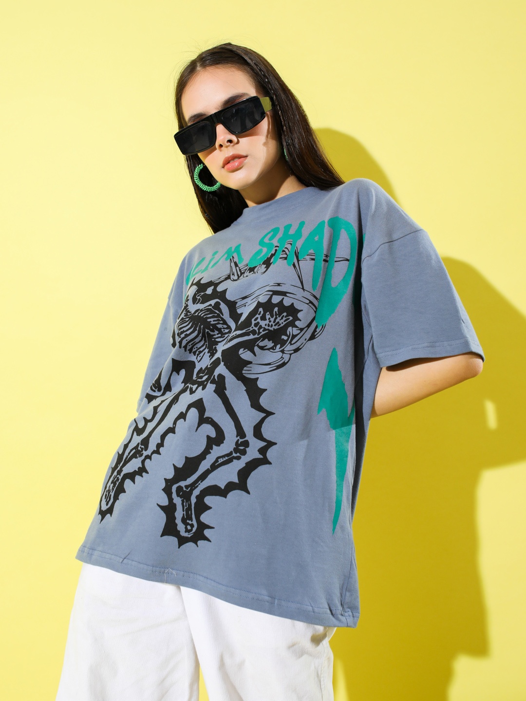 

Stylecast X Hersheinbox Pure Cotton Relaxed Fit Printed Drop-Shoulder Sleeves T-shirt, Grey