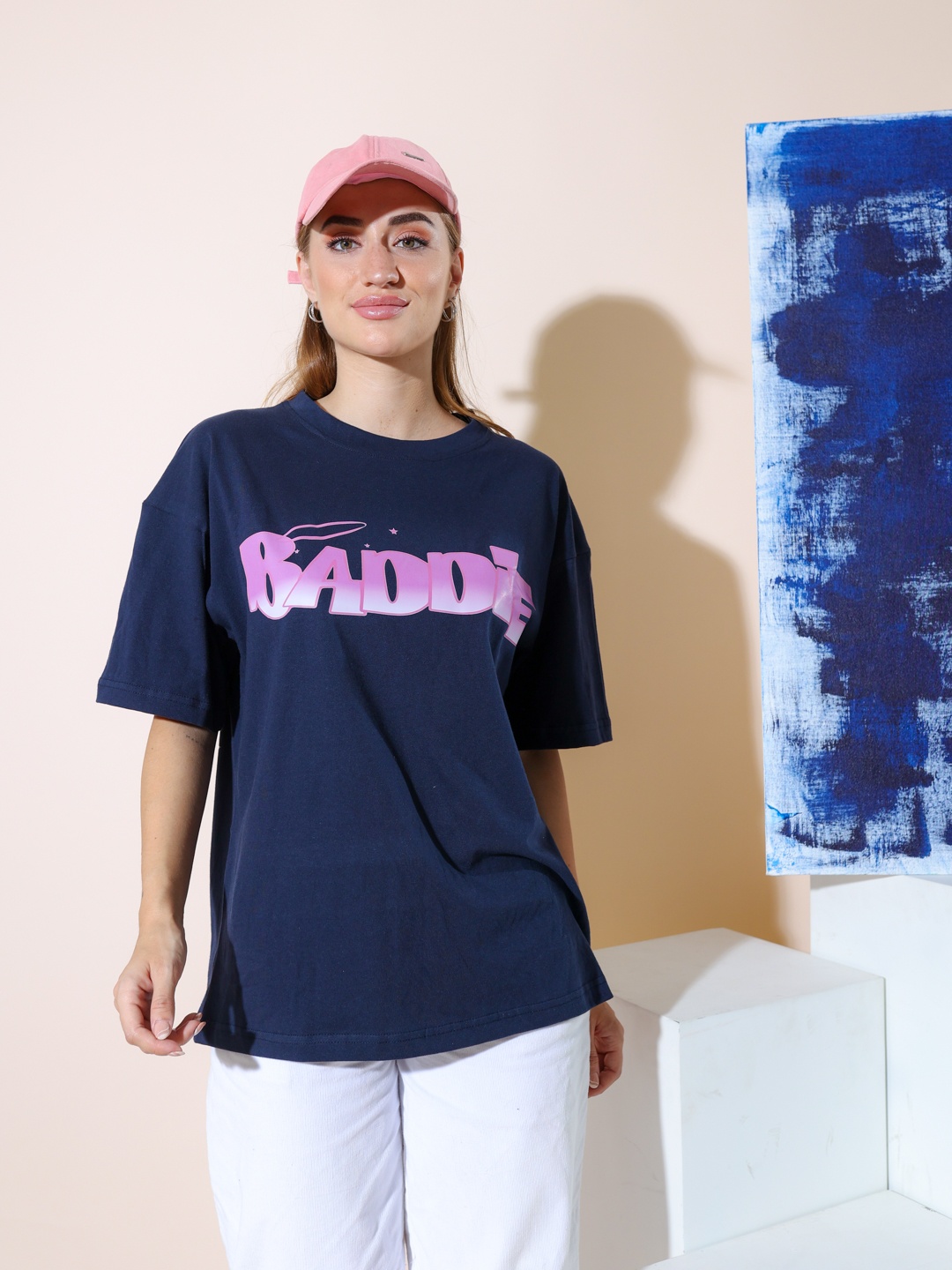 

Stylecast X Hersheinbox Pure Cotton Printed Drop-Shoulder Sleeves T-shirt, Navy blue