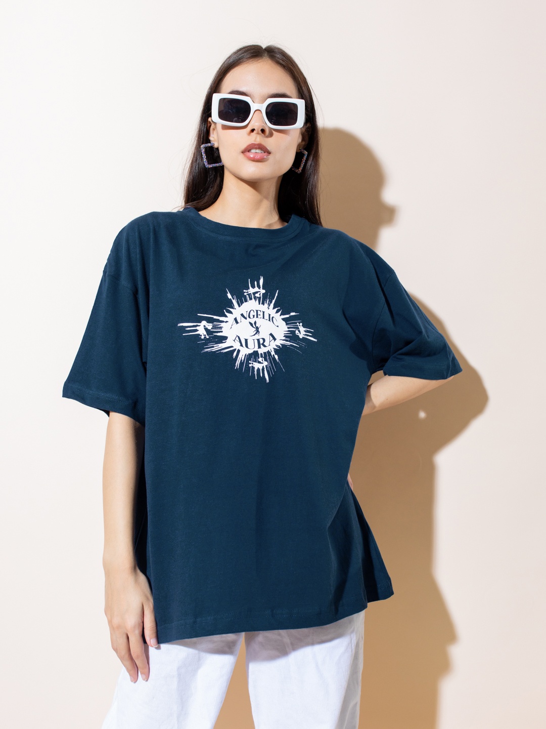

Stylecast X Hersheinbox Printed Oversized Pure Cotton T-shirt, Navy blue