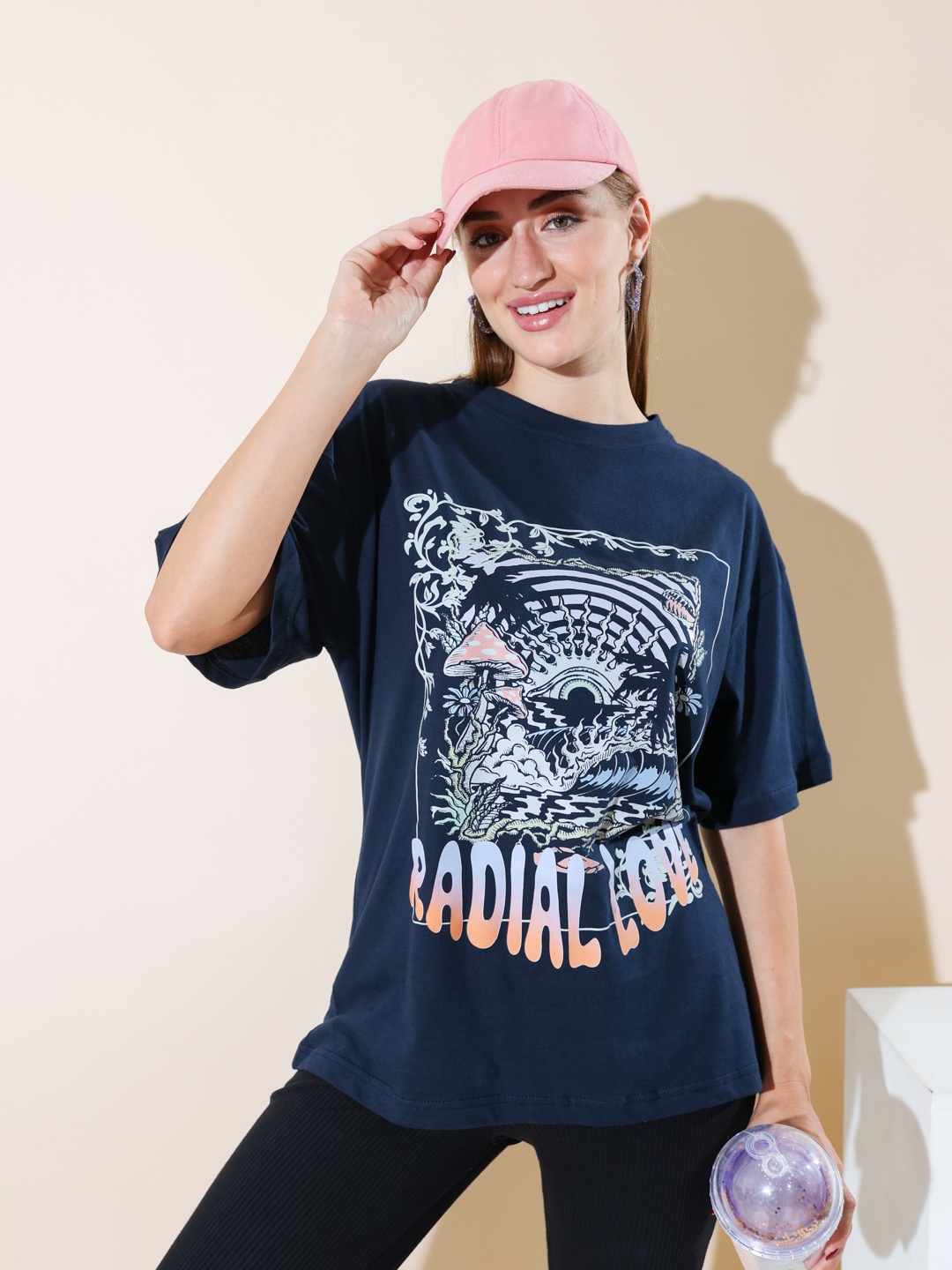 

Stylecast X Hersheinbox Women Printed Relaxed Fit Pure Cotton T-shirt, Navy blue