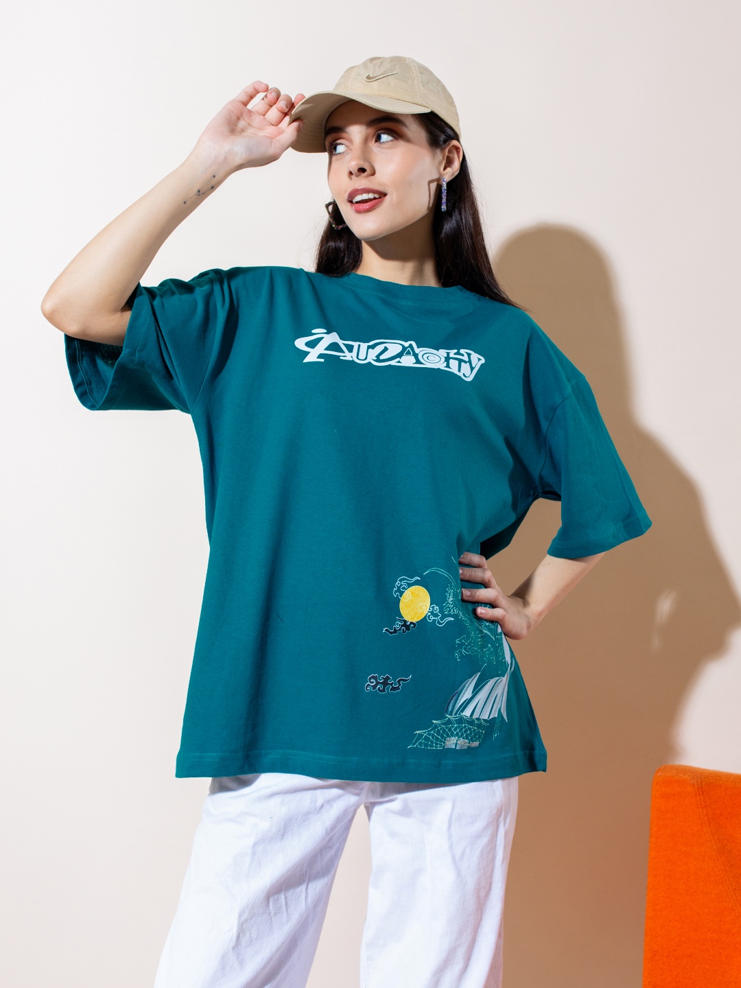 

Stylecast X Hersheinbox Printed Oversized Pure Cotton T-shirt, Teal